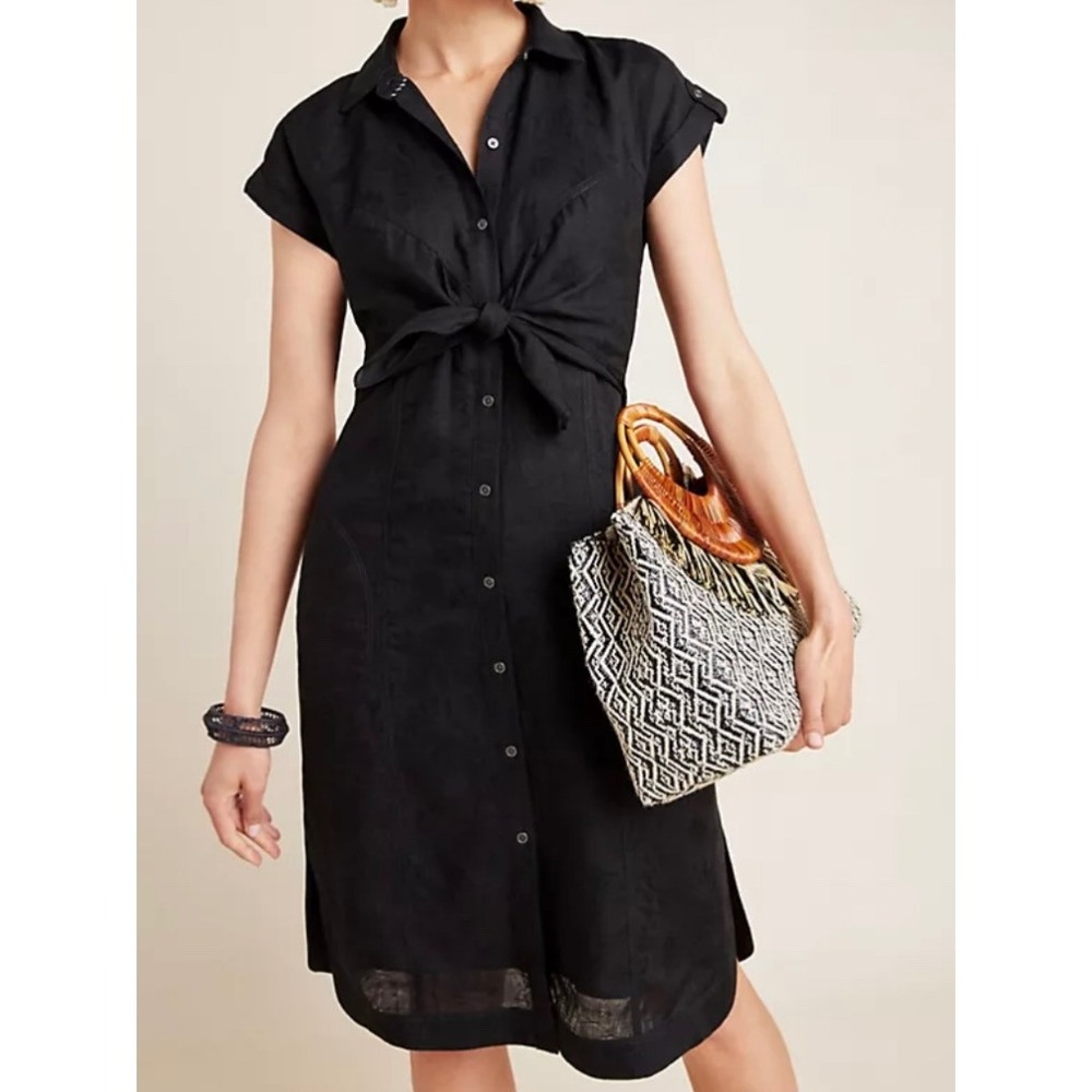 Anthropologie Kamryn linen‎ blend floral texture Shirtdress Size 6P petite black
